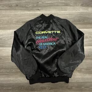 Vintage Corvette Jacket Mens XL Black Satin Bomber Heartbeat Chevrolet 80s USA